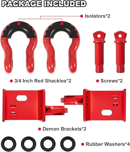 Miniatura 5 de Soportes de gancho de remolque delantero Demon con grilletes de 34 pulgadas y anillos D compatibles con Toyota Tacoma 2009-2023 (rojo)