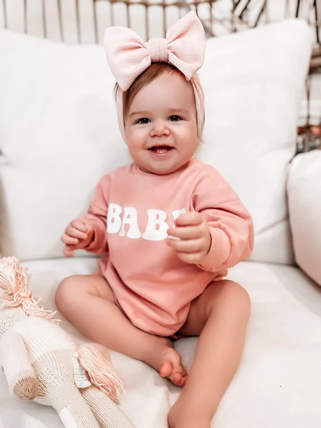 BOIBOKOKO Newborn Baby Girls Boys Clothes BABE Solid Color Sweatshirt Romper Long Sleeve Crewneck Bodysuit Fall Winter Clothes