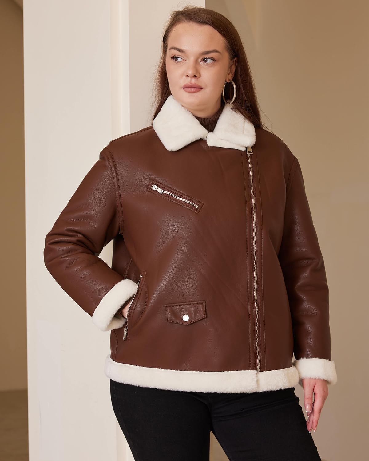 Women Faux Fur Leather Jacket Plus Size Loose Shearing Motorcycle Outwear Fur Lined Coat - Image 5