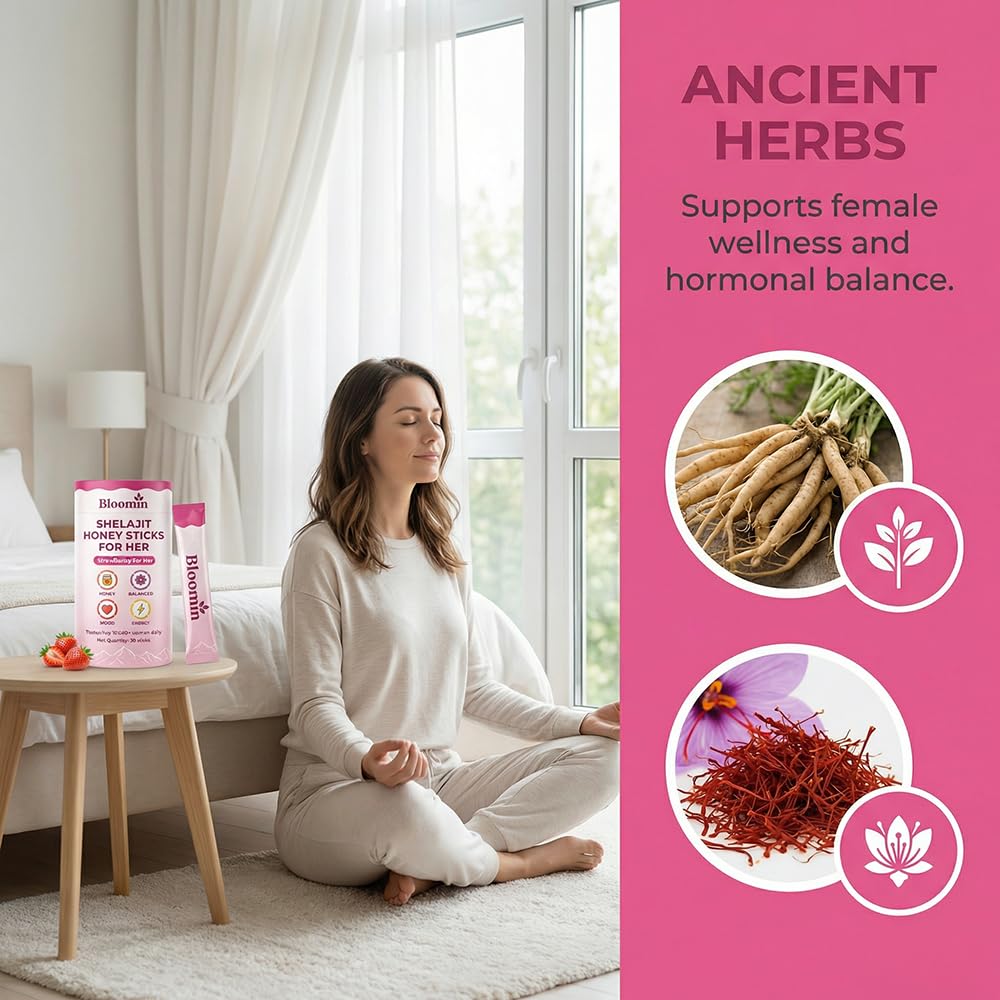 Bloomin Honey Sticks, with Shilajit, Shatavari & Saffron, Strawberry Honey Supplement for Women, Hormonal Balance, Focus & Stamina, Non-GMO, 30 Sticks (Strawberry)