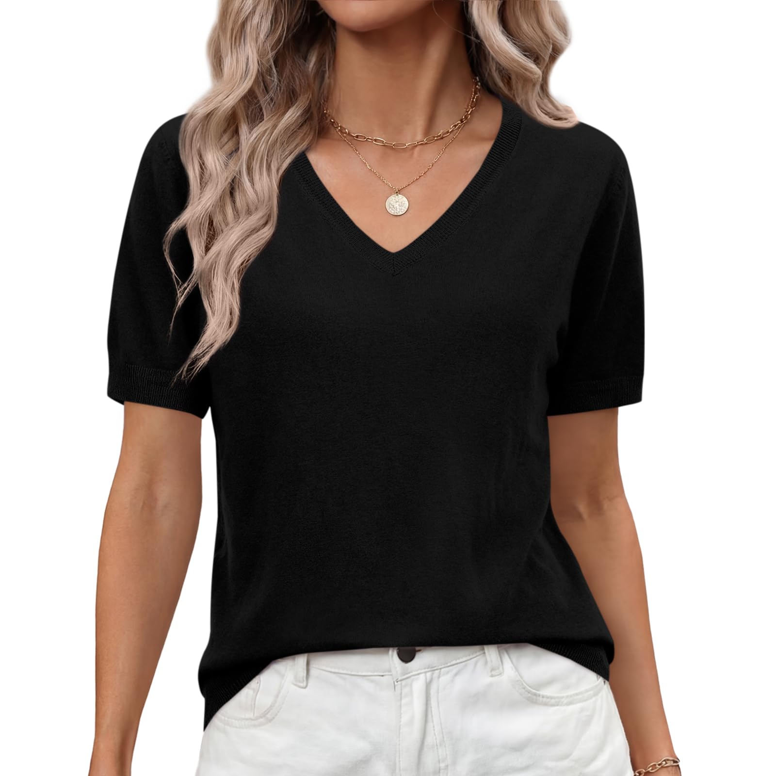 Elesomo Damen Sommer Strickpullover Kurzarm V-Ausschnitt lässige Gestrickte Tops