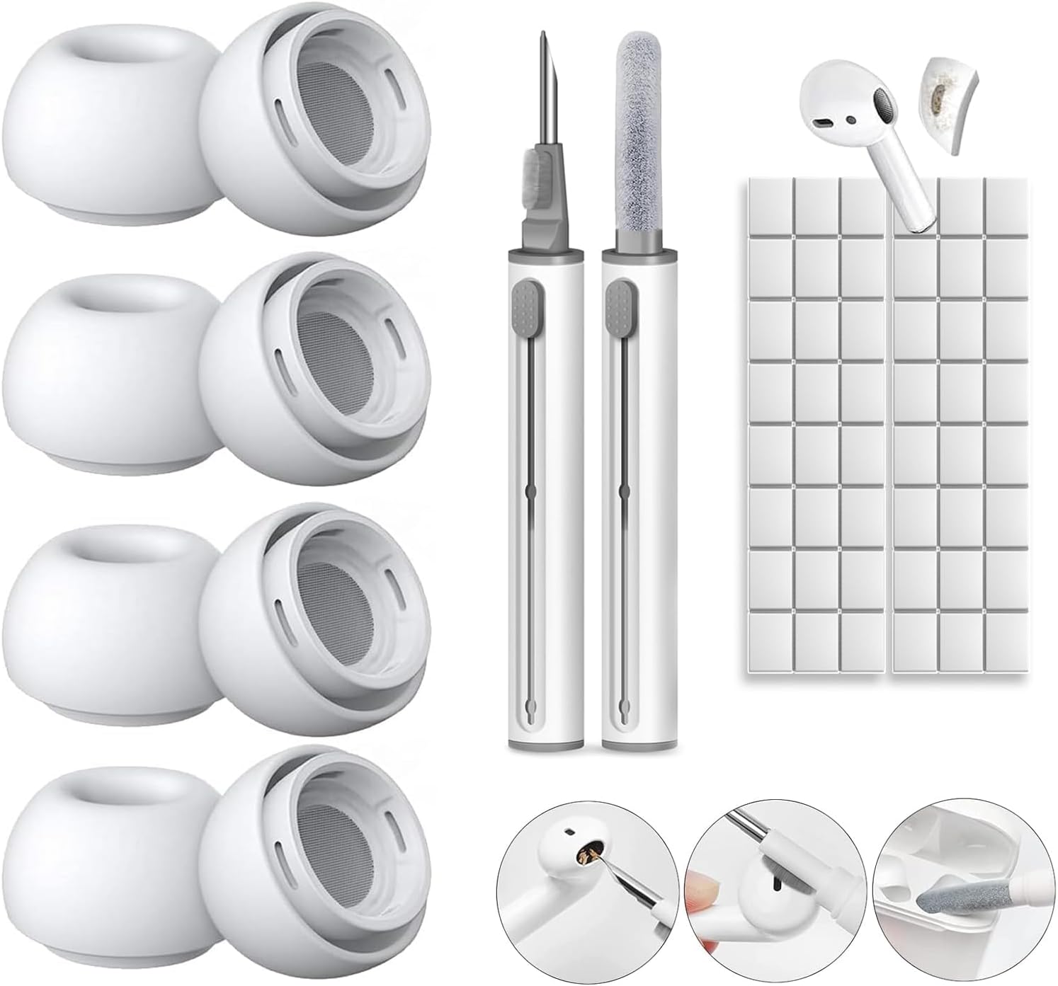 Replacement Ear Tips for AirPods Pro and AirPods Pro 2 with Noise Reduction Hole, Comes with Cleaner Kit, Cleaning Clay, Portable Storage Box (M) 4 Pairs Replacement Ear Tips for AirPods Pro and AirPods Pro 2 with Noise Reduction Hole, Comes with Cleaner Kit, Cleaning Clay, Portable Storage Box (M) 4 Pairs