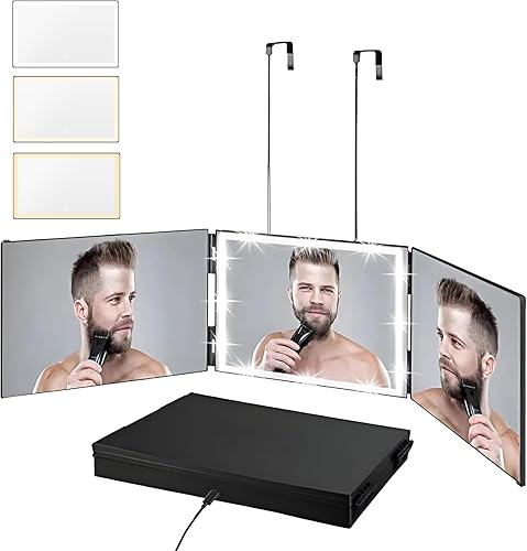 Vanexiss Espejo recargable de 3 vías para cortar el cabello, espejo triple ajustable de vidrio real con luz LED de 3 temperaturas de color y ganchos