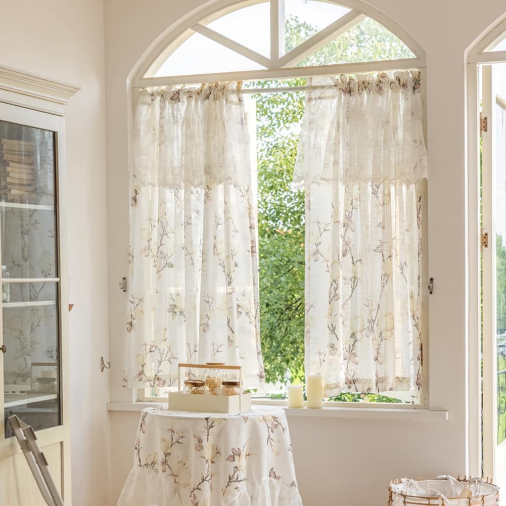 vctops Semi Sheer Curtain Farmhouse Magnolia Flower Printed Window Treatment Curtain Light Filtering Rod Pocket Window Drapery Curtain for Bedroom Living Room Kitchen, 1 Panel (55" X 85")