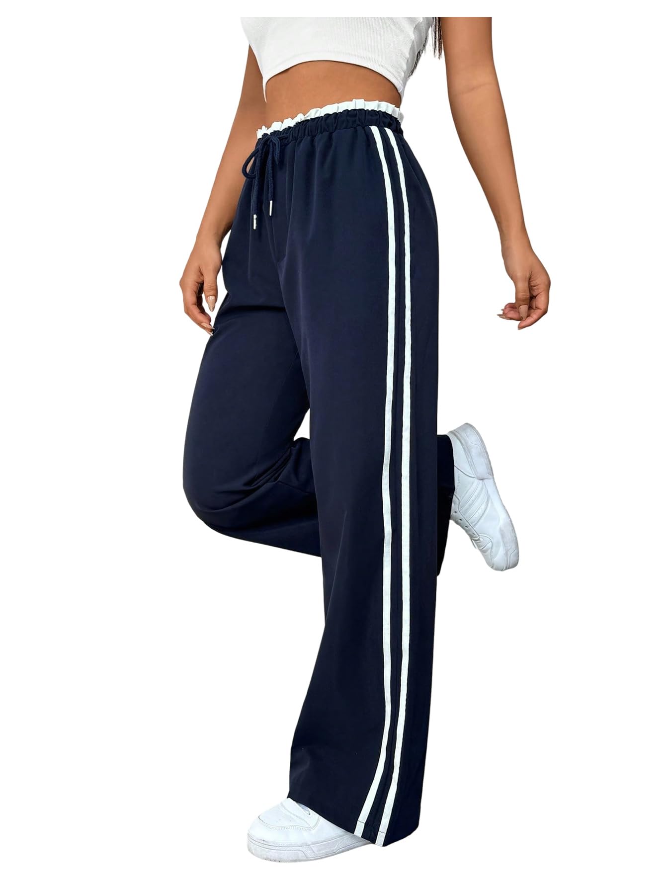 Floerns Womens Striped Side Wide Leg Y2k Pants Drawstring Elastic Waist Casual Baggy Streetwear Pants