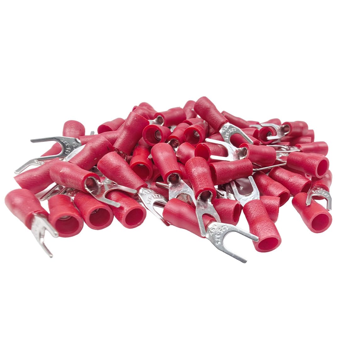 100pcs Red Insulated Fork Spade Lugs U-Type Wire Connector Electrical Cable Crimp Terminals 22-16AWG (SV 1.25-3.7S #6)