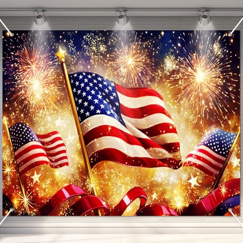 Image of BlissYard 4th of July Backdrop American Flag Fireworks Patriotic Party Decorations 8x6ft for Memorial Day Veterans Day Independence Day Party Photo Booth Red White Blue Stars Stripes