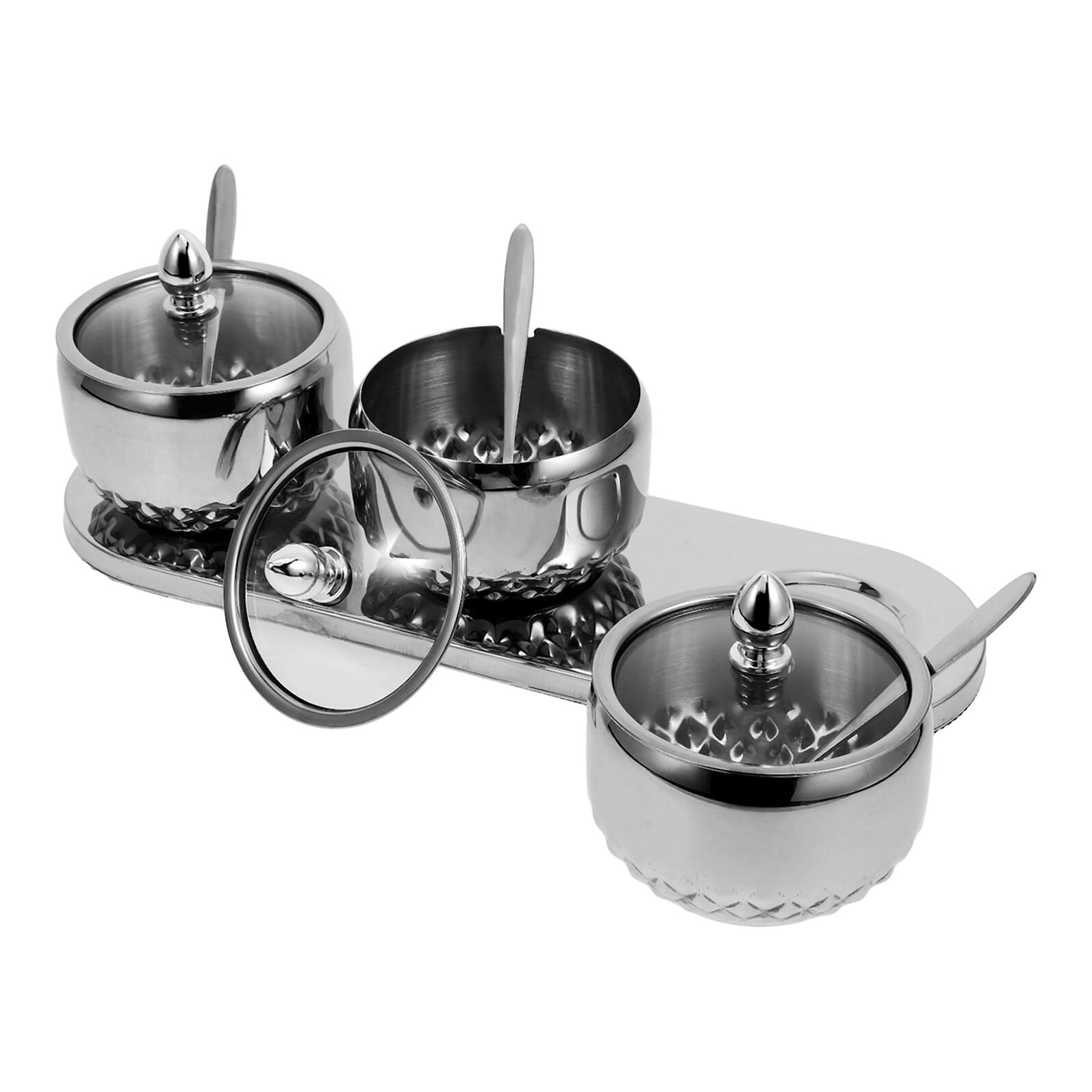 VILLCASE Edelstahl Gewürzglas mit Glasdeckel Löffel und Tablett Kompakte Gewürzbehälter für Küche Einfach zu Öffnen Langlebig und Übersichtlich für Salz Zucker Gewürze