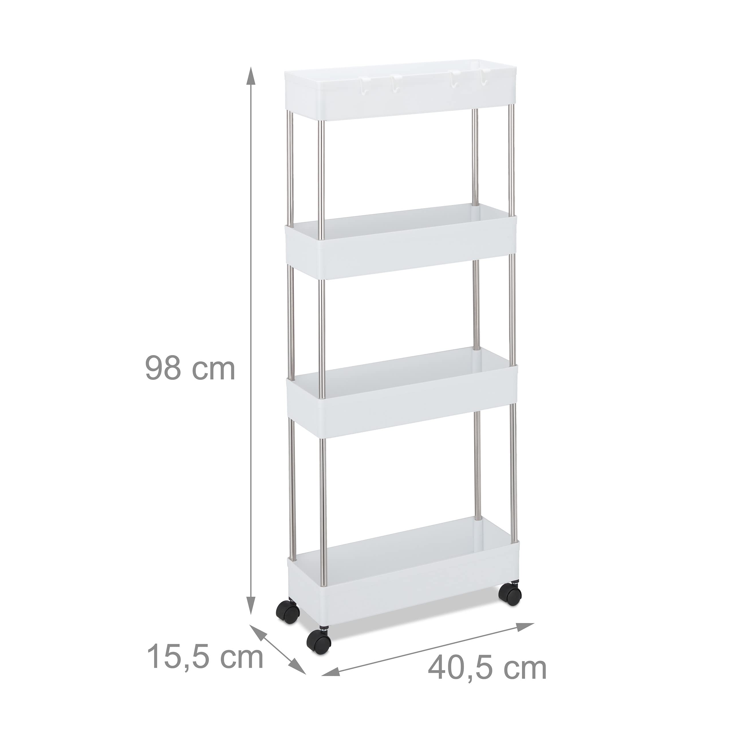 Relaxdays Mobiletto Salvaspazio, HLP: 98x15,5x40,5 cm, 4 Ripiani, Ganci, Carrello da Bagno e Cucina, Plastica, Bianco