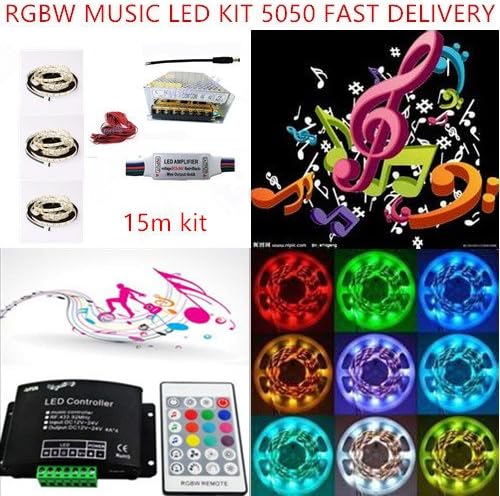 Morelight 12v 24v 5/10/15/20/30/40/50/60m RGBW kit LED Strip Adhesive 5050 + music remote controller + PSU power supply transfomer mains + amplifier no lag + extention cable (15m, 12v rgbw nonwaterproof)