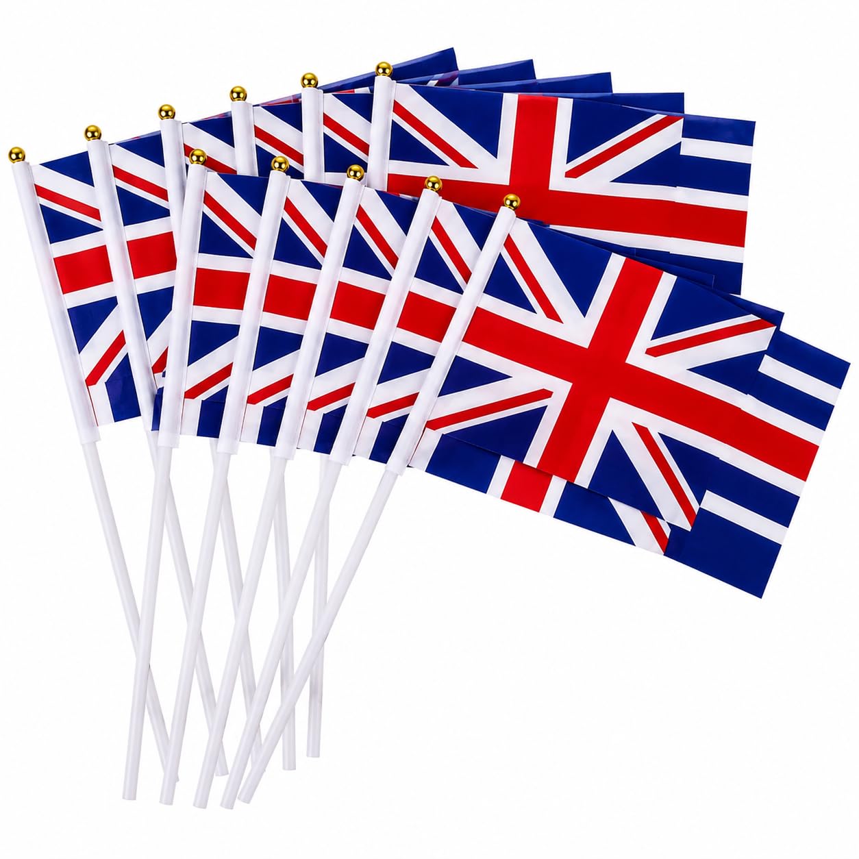Pack of 100 Union Jack Flags on Sticks - Hand Held Great Britain British Small Waving Flag with 30cm White Pole. Perfect for Royal Street Party Celebrations, Sporting Events, Pub BBQ and Car Decor.