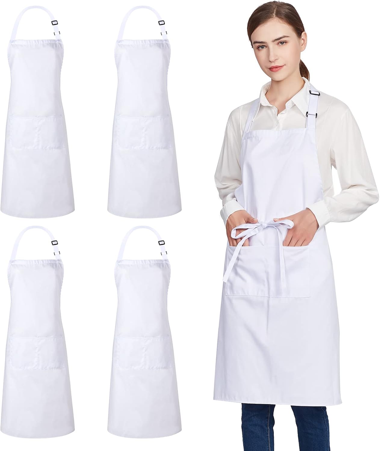 Jubatus 4 Pack 100% Cotton Aprons with 2 Pockets Cooking Chef Kitchen Adjustable Bib Apron for Women Men, White