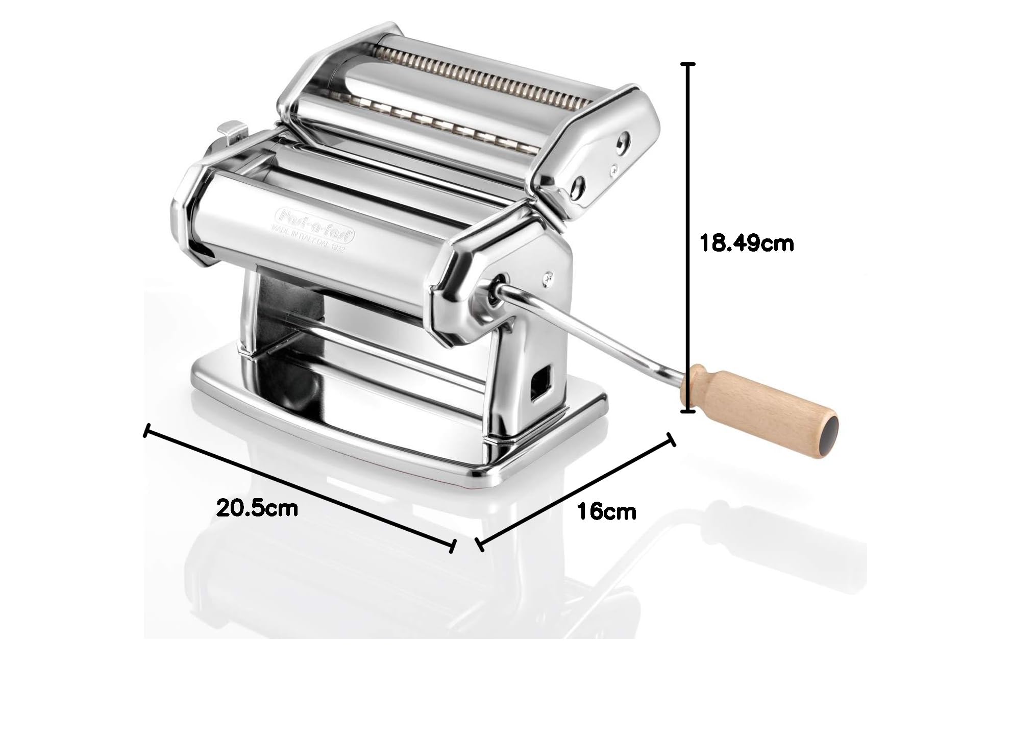 Past-A-Fast - Máquina para pasta manual – Pasta casera – lasaña (anchura 150 mm), cortador (2 mm) y fettuccine (6,5 mm) – Acero cromado, plateado