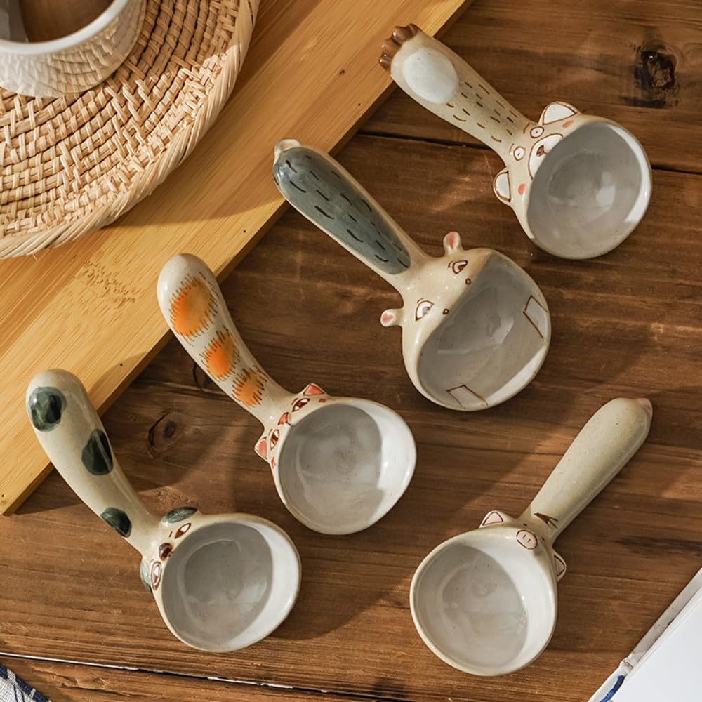 Lot de 2 cuillères à soupe en céramique faites à la main avec manche court pour crème glacée et riz (assortiment de 5 pièces)