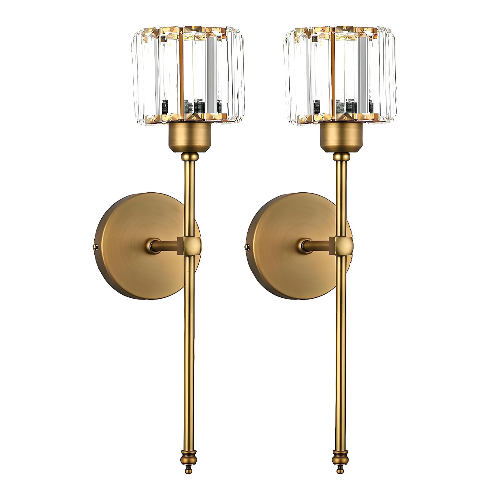 XIRYTU-H Gold Crystal Wall Sconce Lights - Set of 2,Modern Luxury Brass Wall Light Fixtures with K9 Crystal Shades, Bedroom, Living Room, Hallway Hardwired E27 Wall Lamp (Cylindrical)