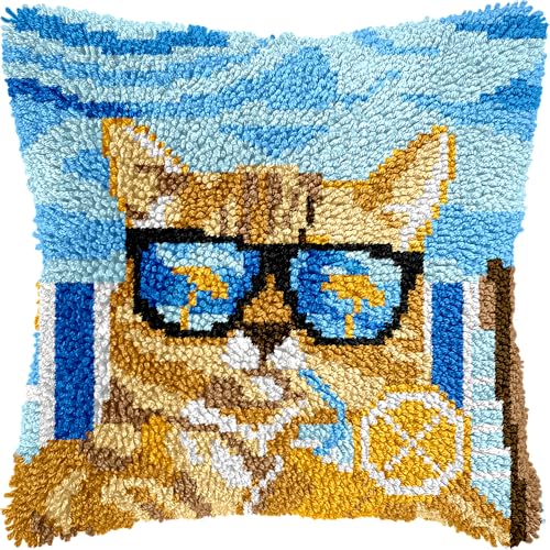 Image of veirousa Orange Cat Latch Hook Kits for Adults, Beginners DIY Hooked Pillow Kit Pre-Printed Pillowcase Hook and Latch Rug Kits Cross-Stitch Cushion Cover for Home Sofa Decoration 17x17 inch