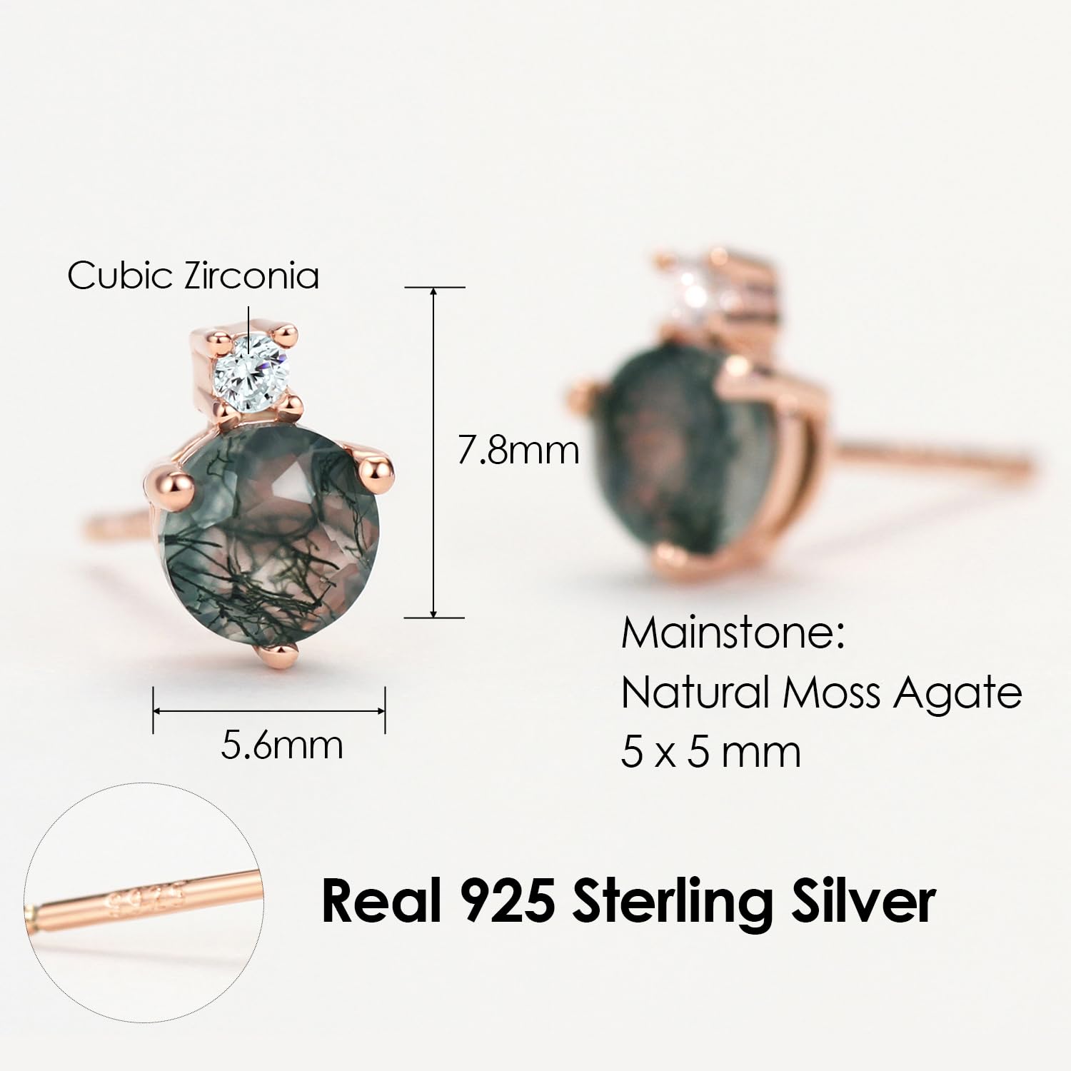 Michooyel Natürlicher Moosachat Ohrring Damen, 18 Karat Roségold vergoldet, 925 Sterlingsilber Ohrstecker echter Edelstein Schmuck, Geschenk für Damen