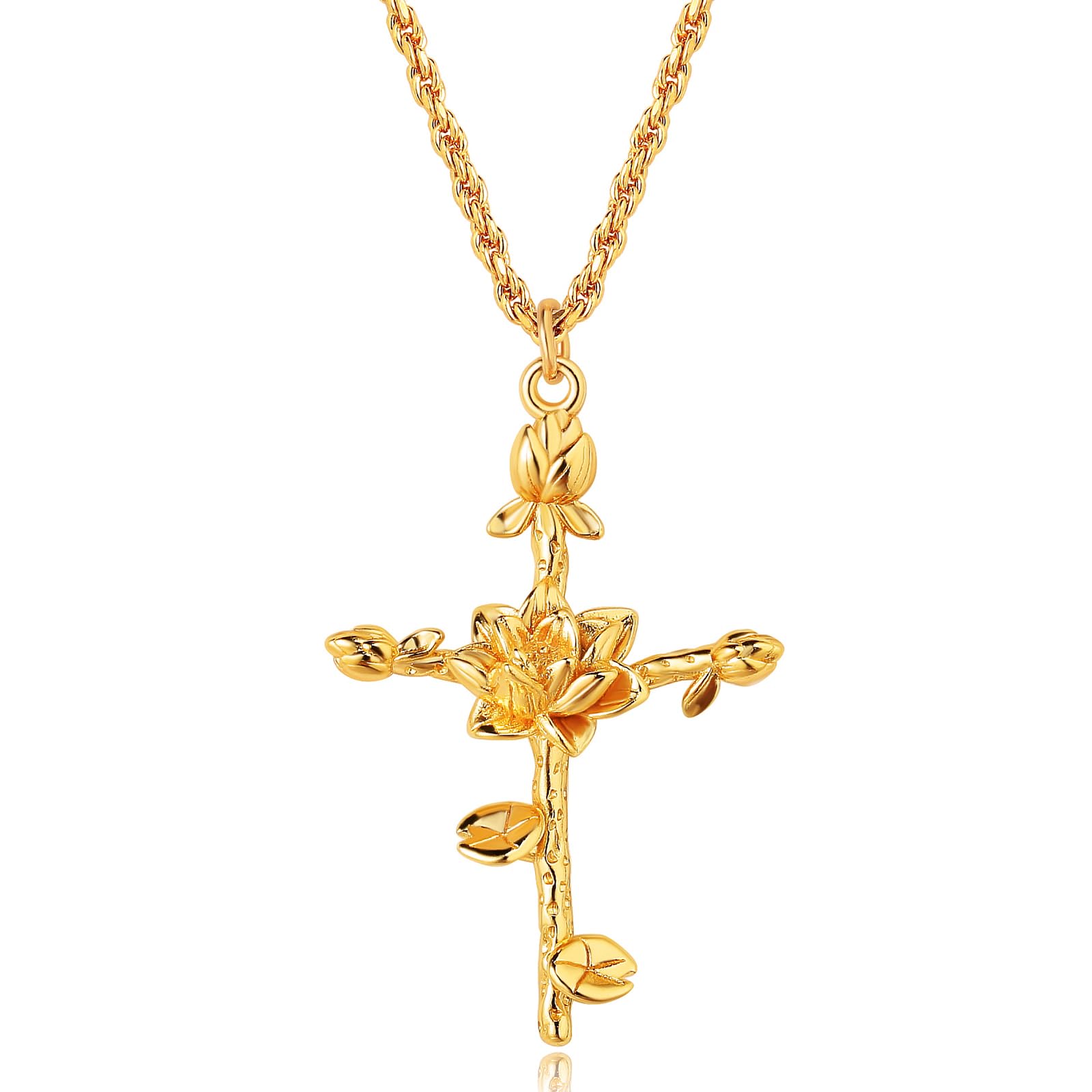 MeveccoGold Birth Flower Cross Necklace for Women 12 Month Faith Pendent 18K Gold Plated 2MM Twist Rope Chain Personalized Religious Birthday Jewelry for Her