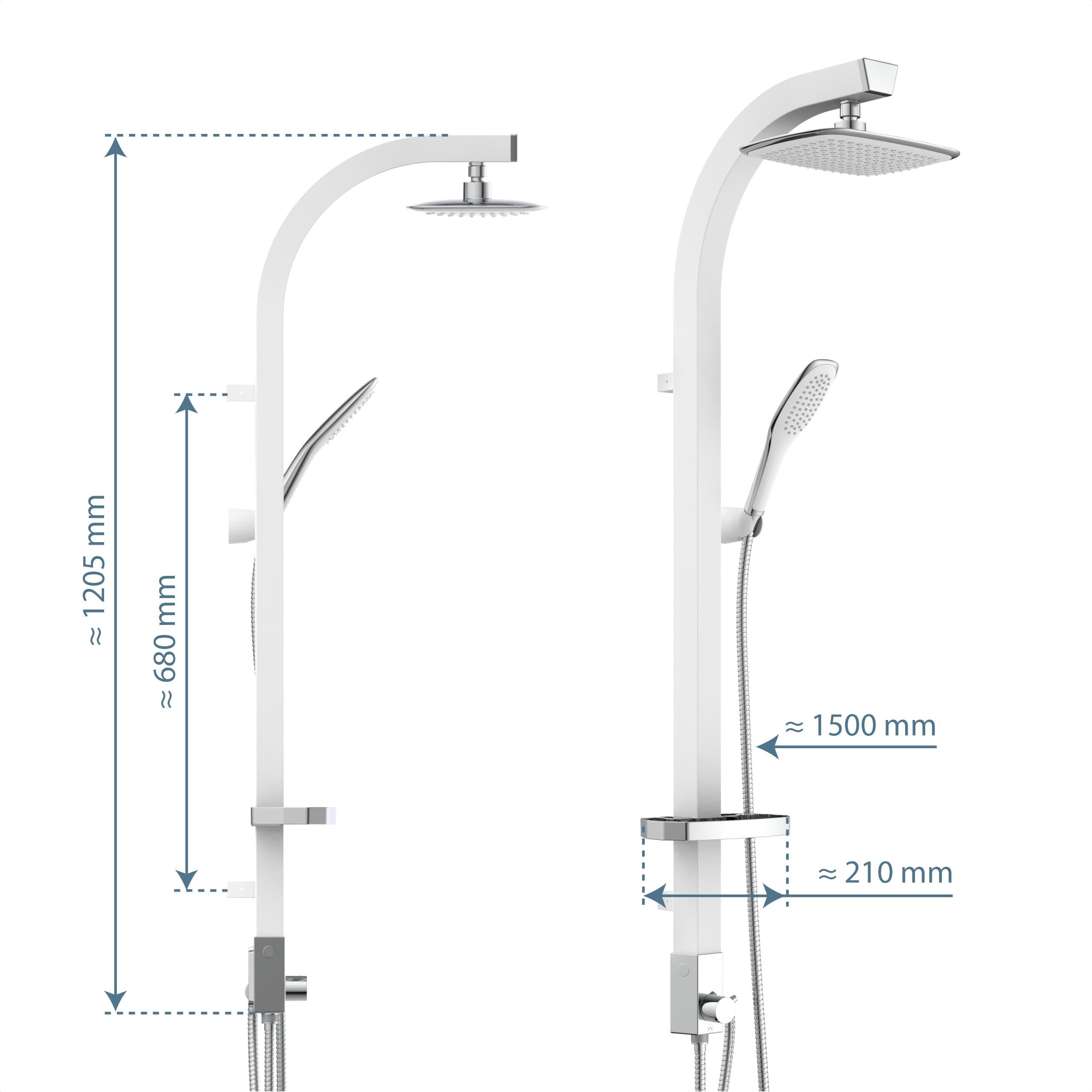 SCHÜTTE MADAGASKAR Regendusche mit Handbrause, Duschsystem in weiß mit praktischer Ablage und Wandhalterung, Duschset für Duscharmaturen, 120 cm