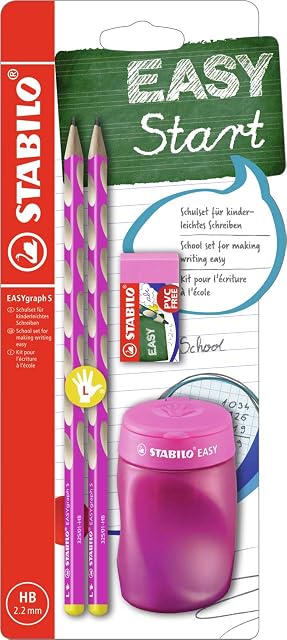 Handwriting Pencil - STABILO EASYgraph S School Set - Left-Handed - Pencil x 2 + EASYsharpener + EASYeraser - pink