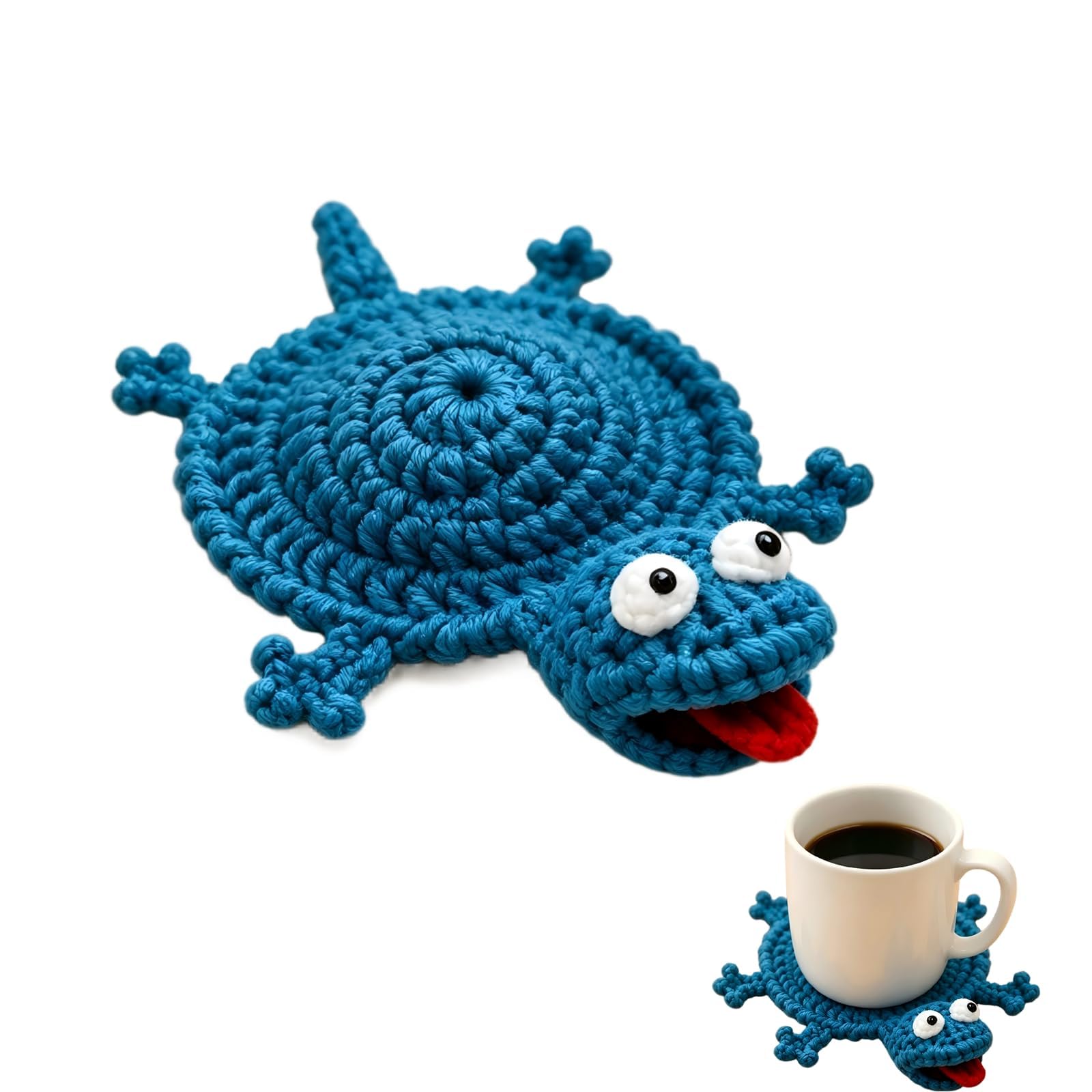 Funny Crochet Coaster, 3D Handmade Drink Coasters, Animal Cup Coasters for Coffee Table Desk Decor, Coffee Table Decor for Animal Lovers Cups Tabletop Protection (Blue Lizard)
