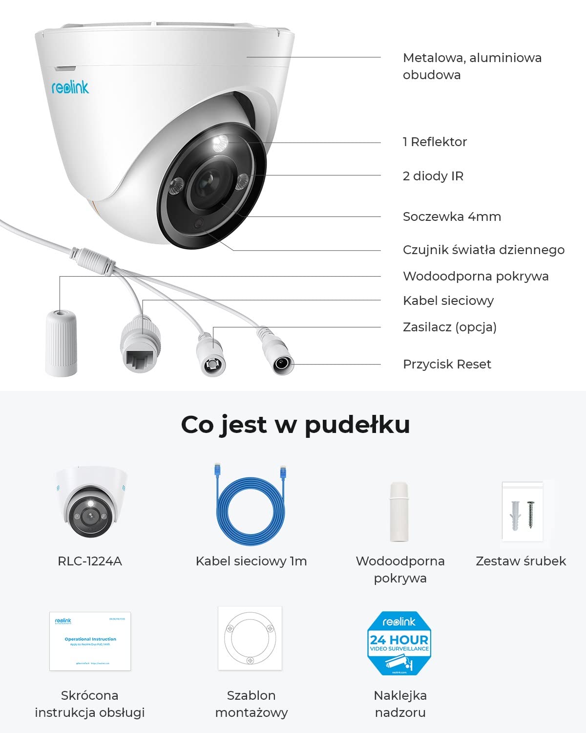 Reolink Kamera Ochronna 12MP PoE, Oświetlenie Punktowe, Wykrywanie Ludzi/Pojazdów, Widzenie w Nocy w Kolorze, Dwukierunkowy Dźwięk, Nagrywanie 24/7, Funkcja Poklatkowa, Gniazdo Kart microSD, RLC-1224A