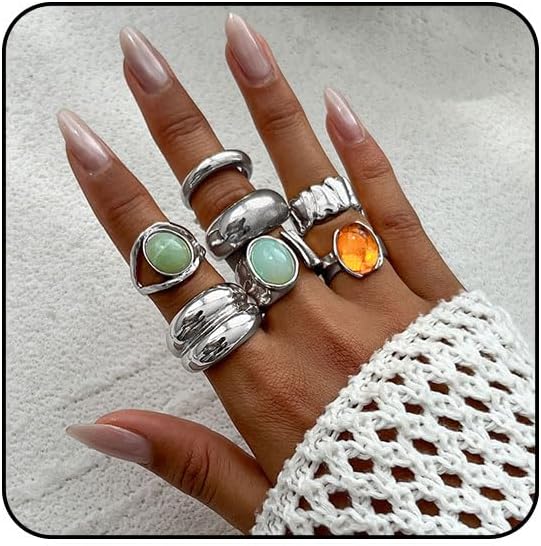 Chunky Silver Rings for Women Set Adjustable Thick Statement Rings for Women Irregular Gemstone Stacking Rings Silver Accessories Chunky Jewelry