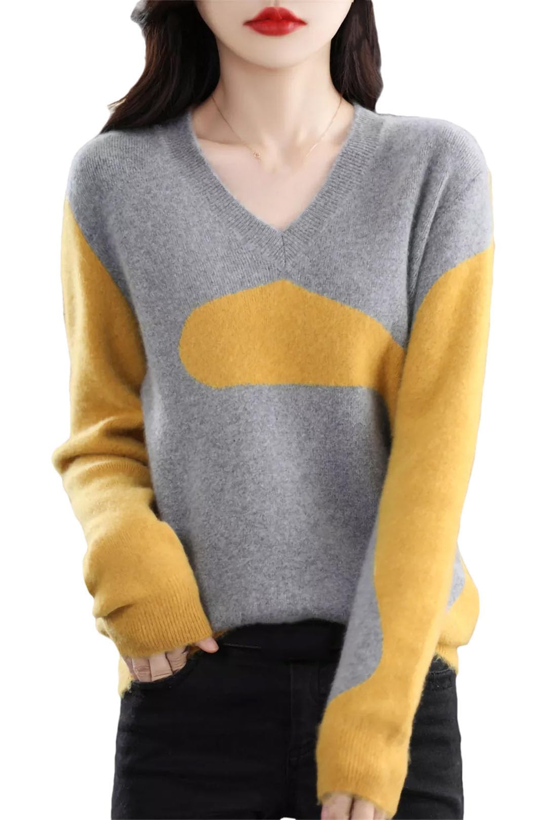 Vogrtcc Maglione da donna a maniche lunghe con scollo a V