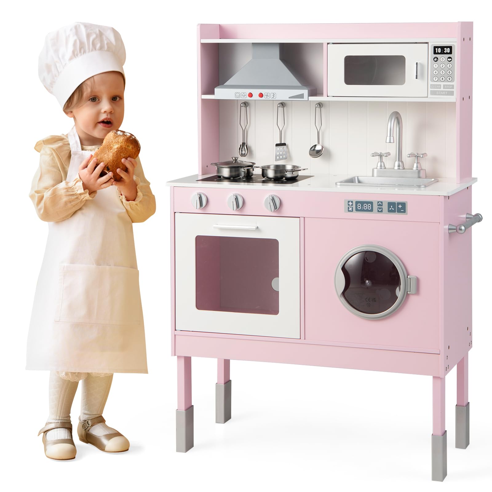 GYMAX Cucina Giocattolo per Bambini in Legno, Gioco Cucina con Accessori, Set da Gioco per Bambini con Luci e Suoni, Kit da Cucina Montessori con Abbricatore di Ghiaccio dai 3 Anni + (Stile 3)