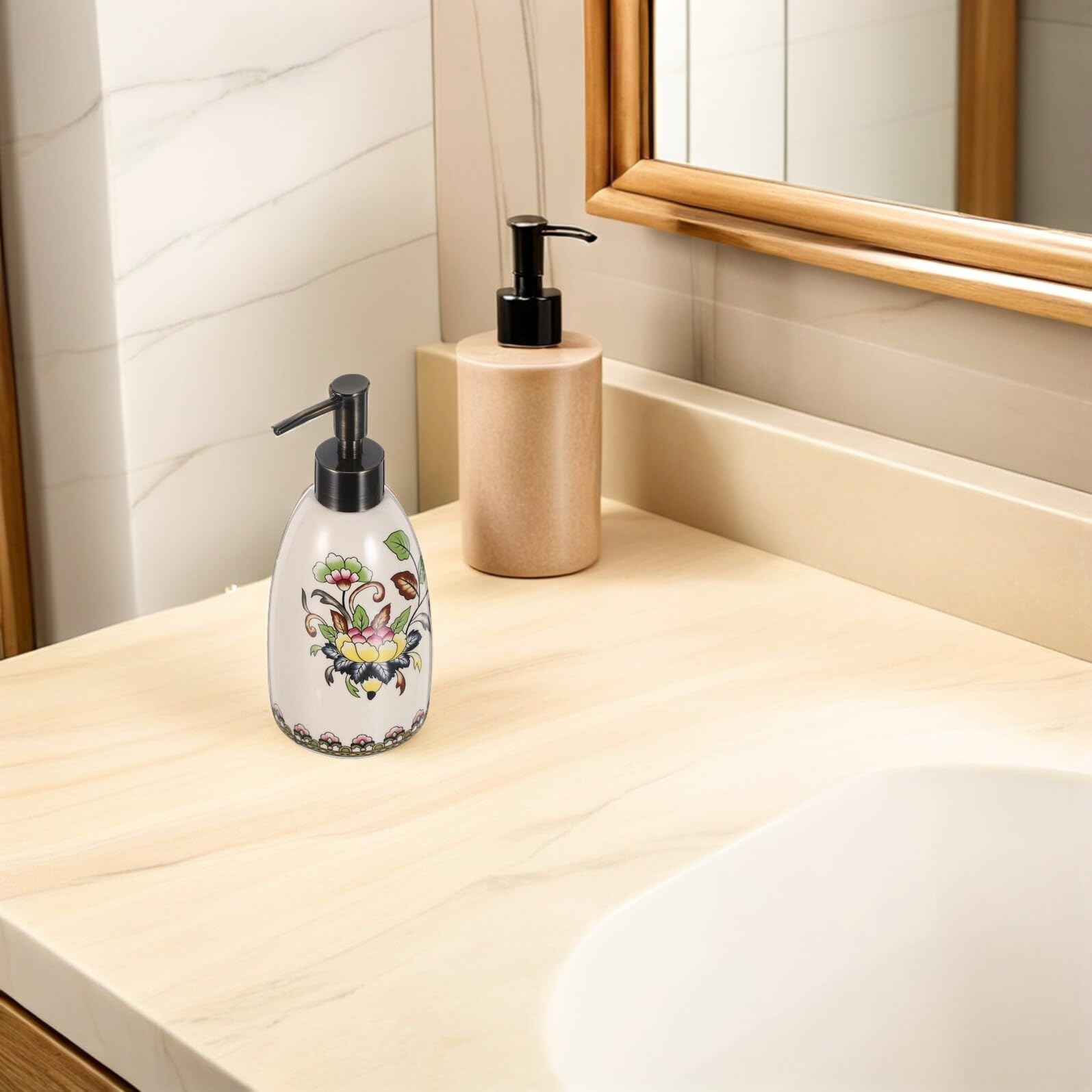 Dispensador de Jabón Líquido Recargable de Cerámica Bomba Dosificadora para Baño y Cocina Envase Multiusos para Jabón de Manos Lavavajillas y Champú 350 Ml