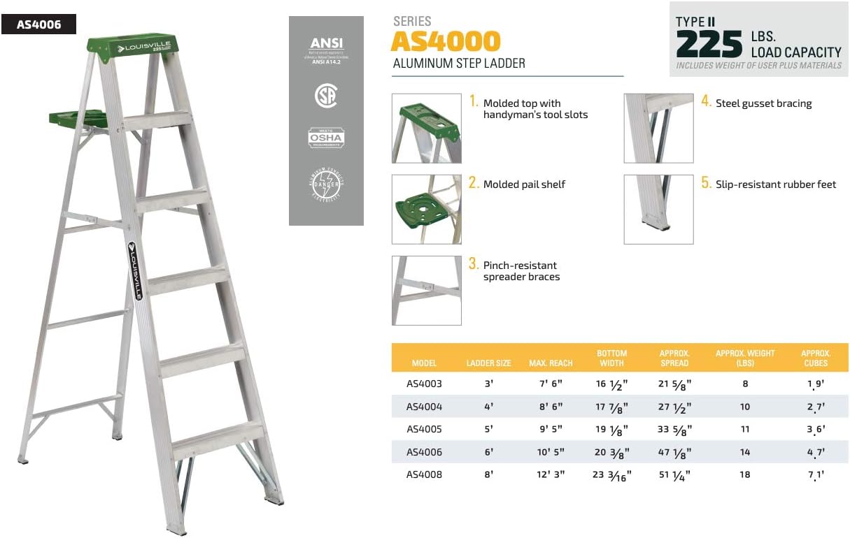 Louisville Ladder 4-foot Aluminium Step Ladder with tool tray, 225-Pound Load Capacity, Type II, AS4004