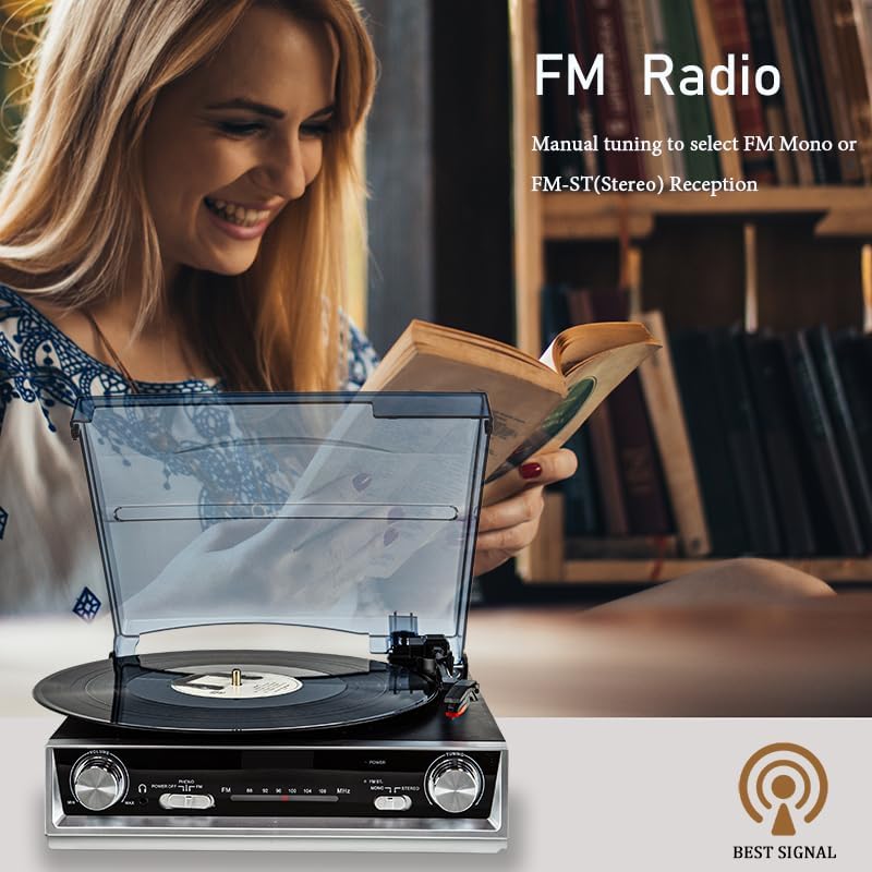 Image of a person listening to the Horokarda Vinyl Record Player, which also features an FM Radio function with manual tuning.