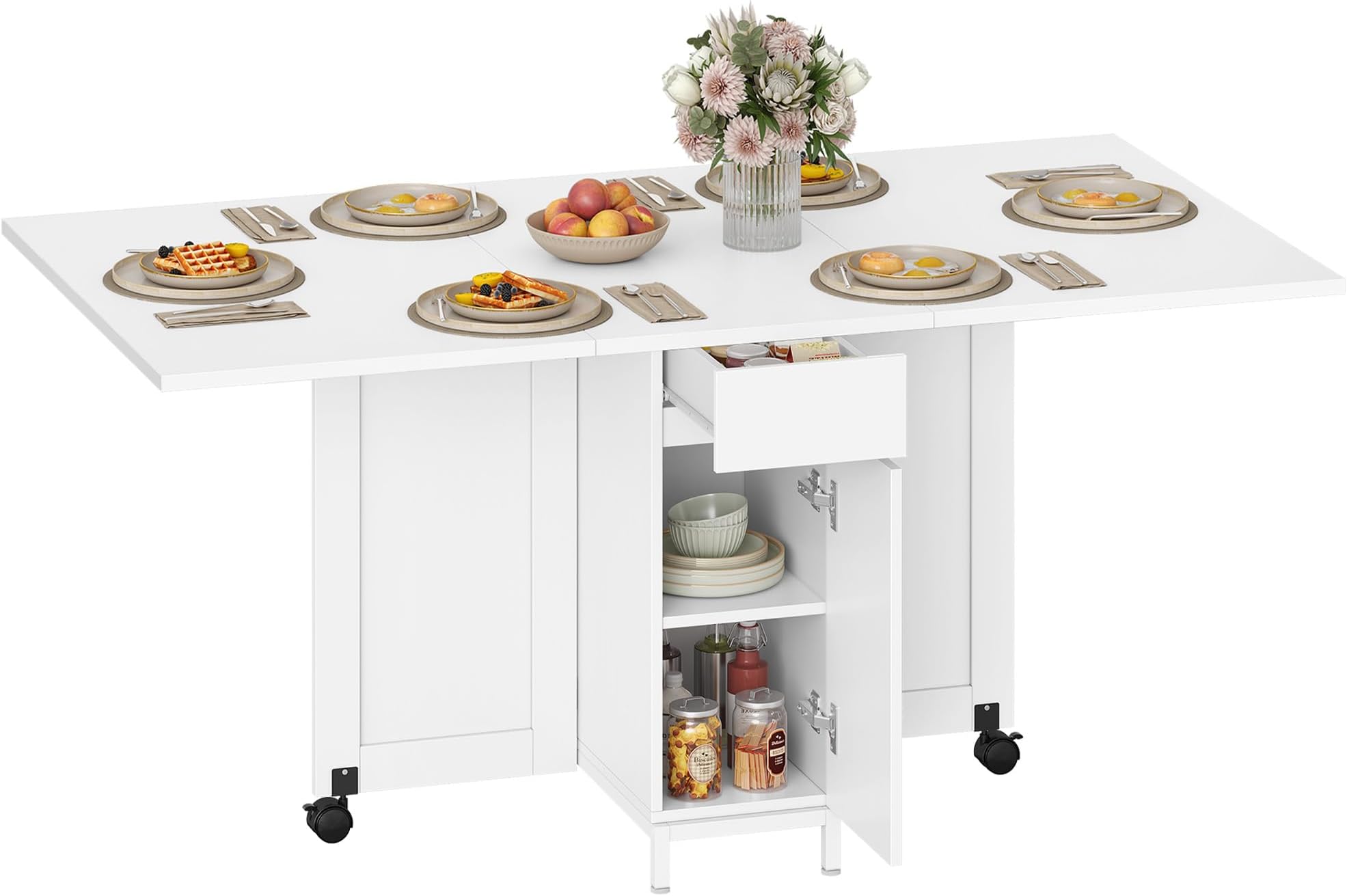 Folding Dining Table for 4-6, Drop Leaf Table with 4 Wheels & Storage Drawers, Cabinets and 2-Tier Open Shelves for Small Spaces, Kitchen, Dining Room, White KT14003W