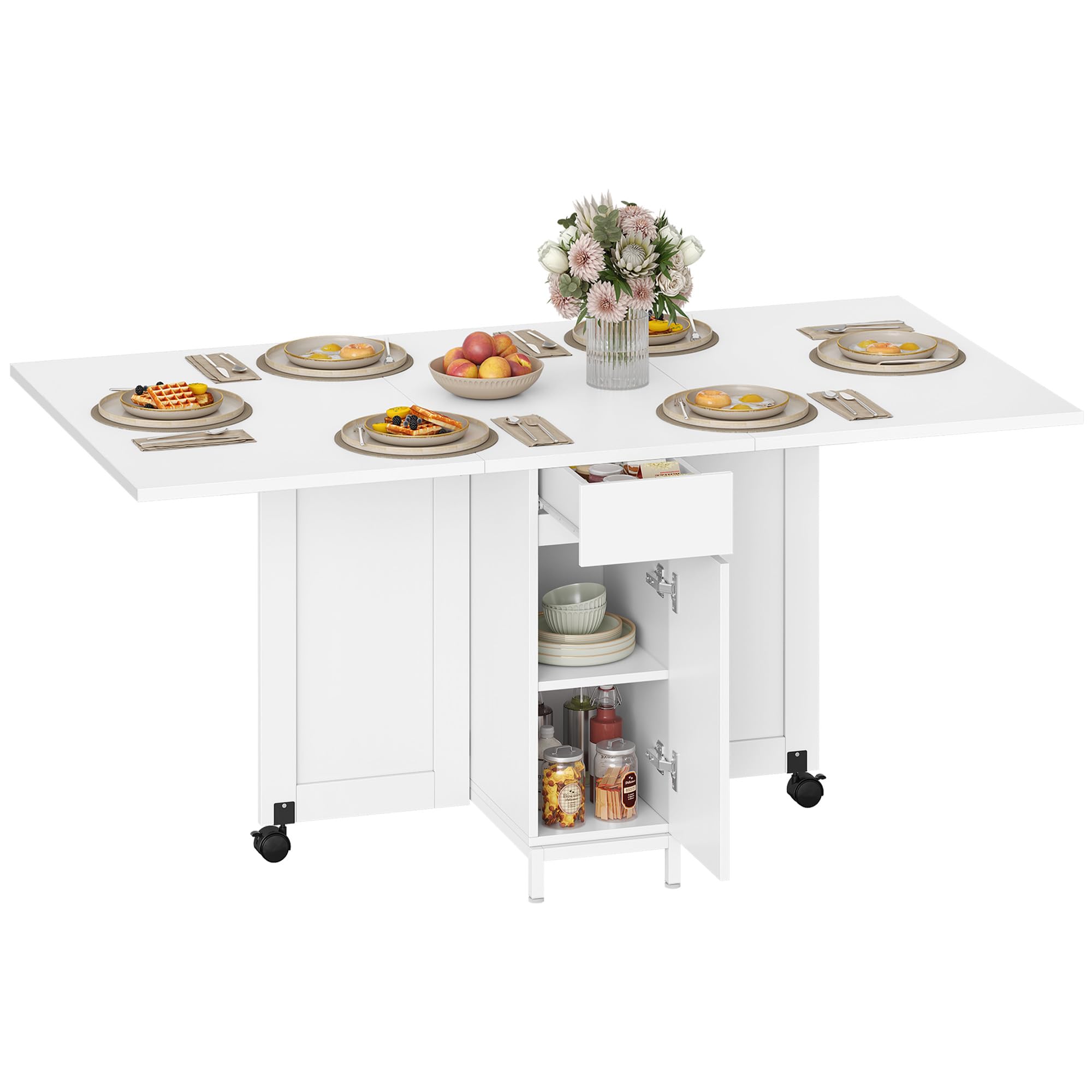 Hzuaneri Esstisch, Klapptisch Esszimmertisch mit Rollen, für 3-6 Personen, Klapptisch mit Schubladen, Schränken und Zweistufigen Offenen Regalen,Geeignet für kleine Räume,Weiß KT14003W