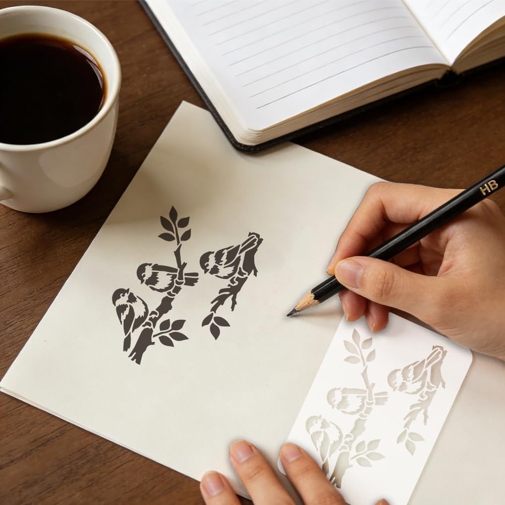 FINGERINSPIRE 12PCS Bird Branch Painting Stencils with Paint Brush 3.9x3.9inch/4.1x5.8inch Leaves Flowers Drawing Template DIY Fruits Stencil Animal Theme Template for Clothes Decoration
