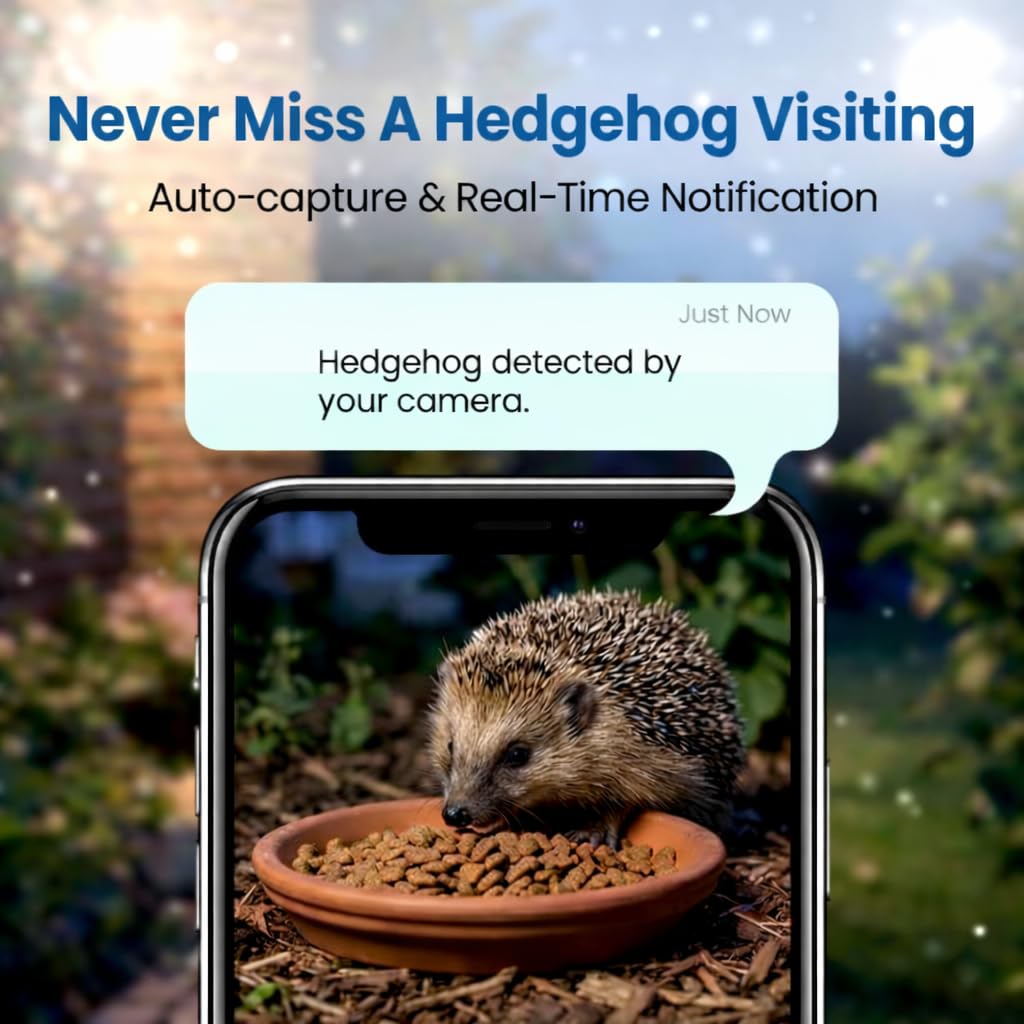 Hedgehog Feeder Camera WiFi 4MP HD - Stazione di alimentazione per riccio per la fauna selvatica del giardino, telecamera WiFi ad energia solare con app Live View, visione notturna, avvisi di