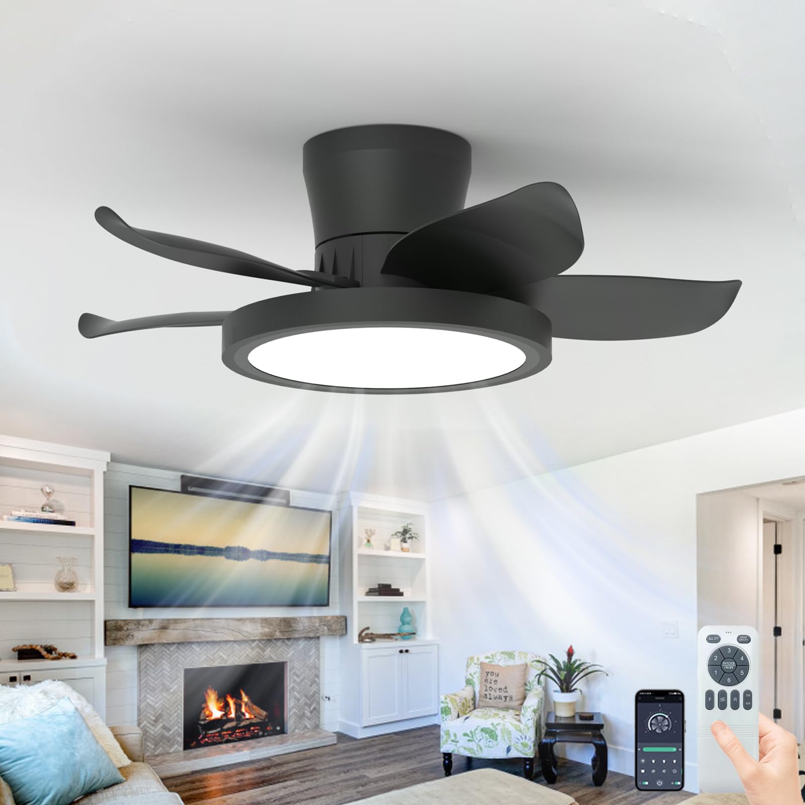 SXDMOUBK 65CM Quiet Ceiling Fan with Light 5 B 6-Speed Reversible Dimmable LED Smart App Remote Timer & Memory Funct Ideal for Bedrooms & Living Rooms - Black