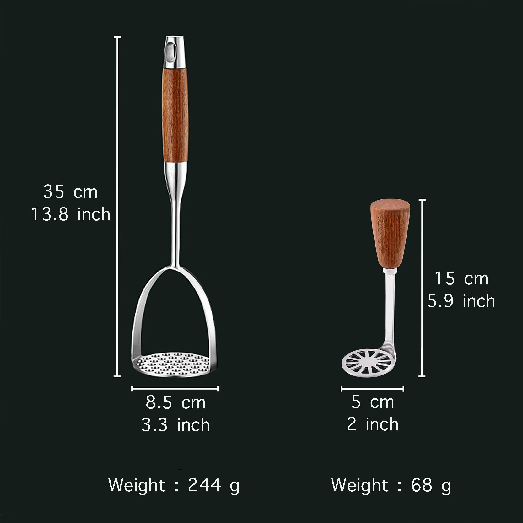 2 schiacciapatate in acciaio inox con manico in legno (1 grande + 1 piccolo), schiacciapatate da cucina, schiacciapatate per spremere carote, banane, fagioli, zucca, frutta