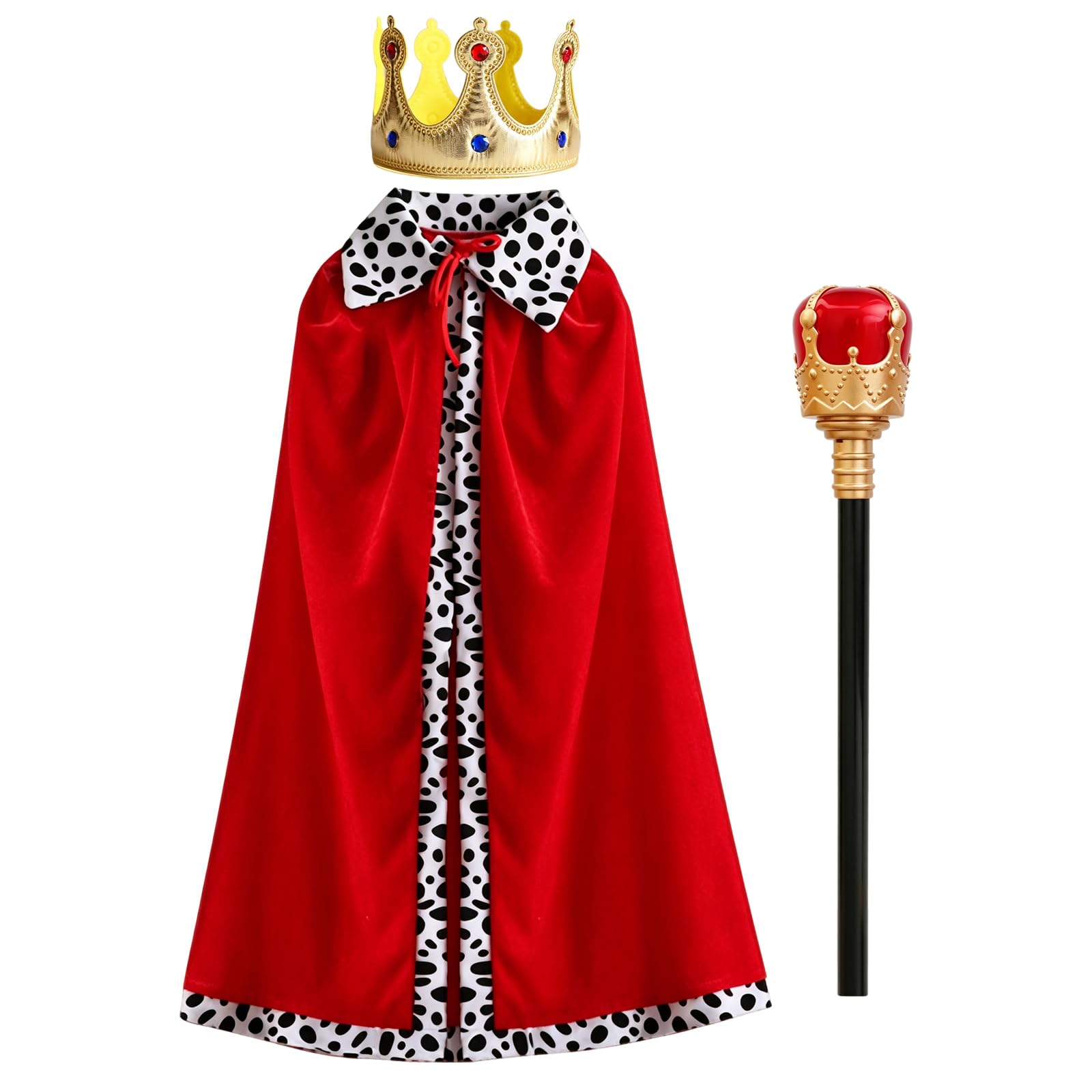 TENGMEIHUIO 3pcs King and Queen Makeup Set Cloth Crown Gold 90cm Red Cape Cloak Scepter Gold Red for World Book Day Halloween Costumes Masquerade Role Play Theme Party (A)