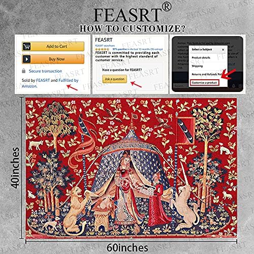 Miniatura 6 de FEASRT Tapiz real medieval europeo de doncella y unicornio para dama, 60 x 40 pulgadas, franela suave, para colección de arte medieval de tapiz