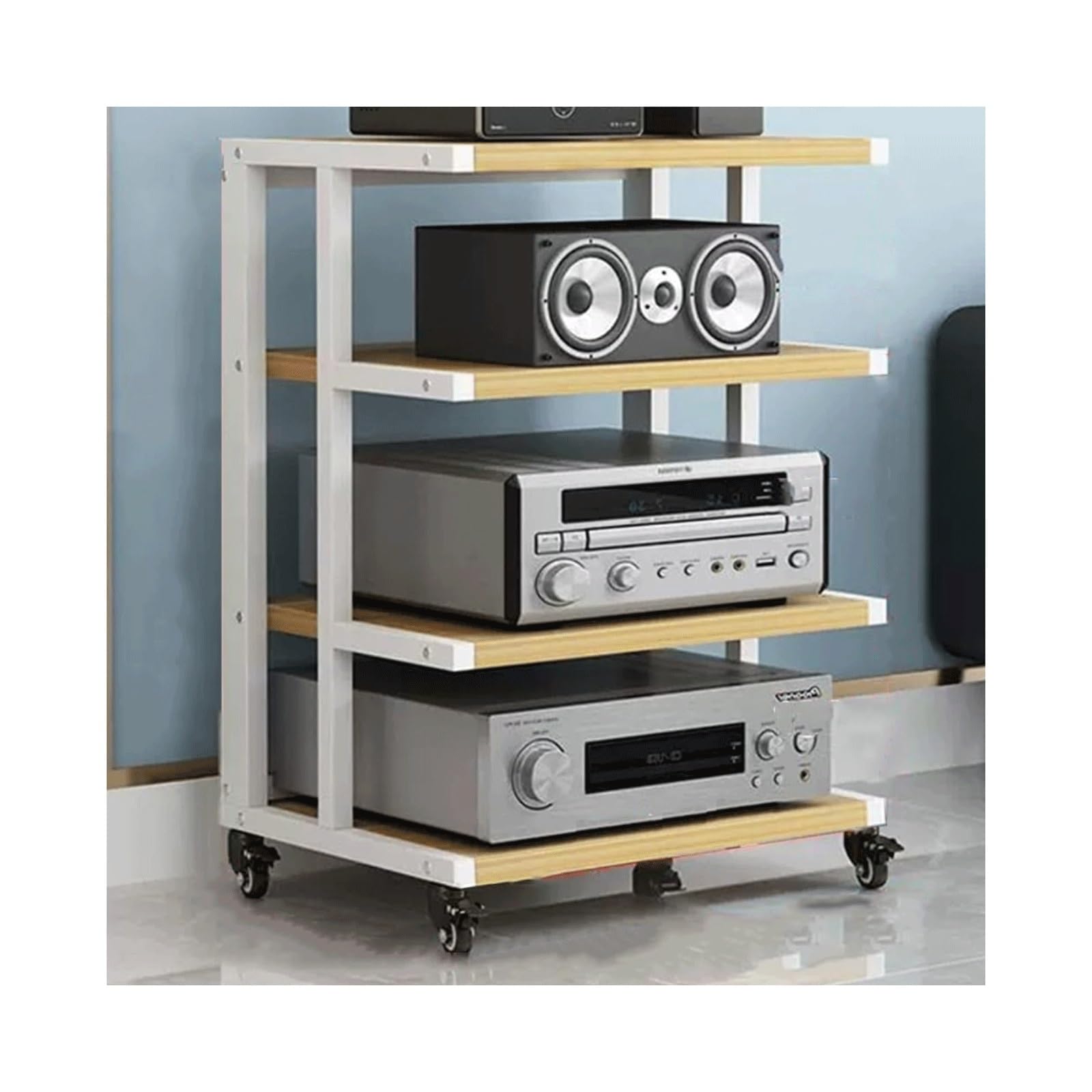 Torre audio mobile con ruote, Armadio in legno aperto per componenti stereo, Scaffale multimediale HiFi, Supporto per centro di intrattenimento, Soluzione di archiviazione per apparecchiature
