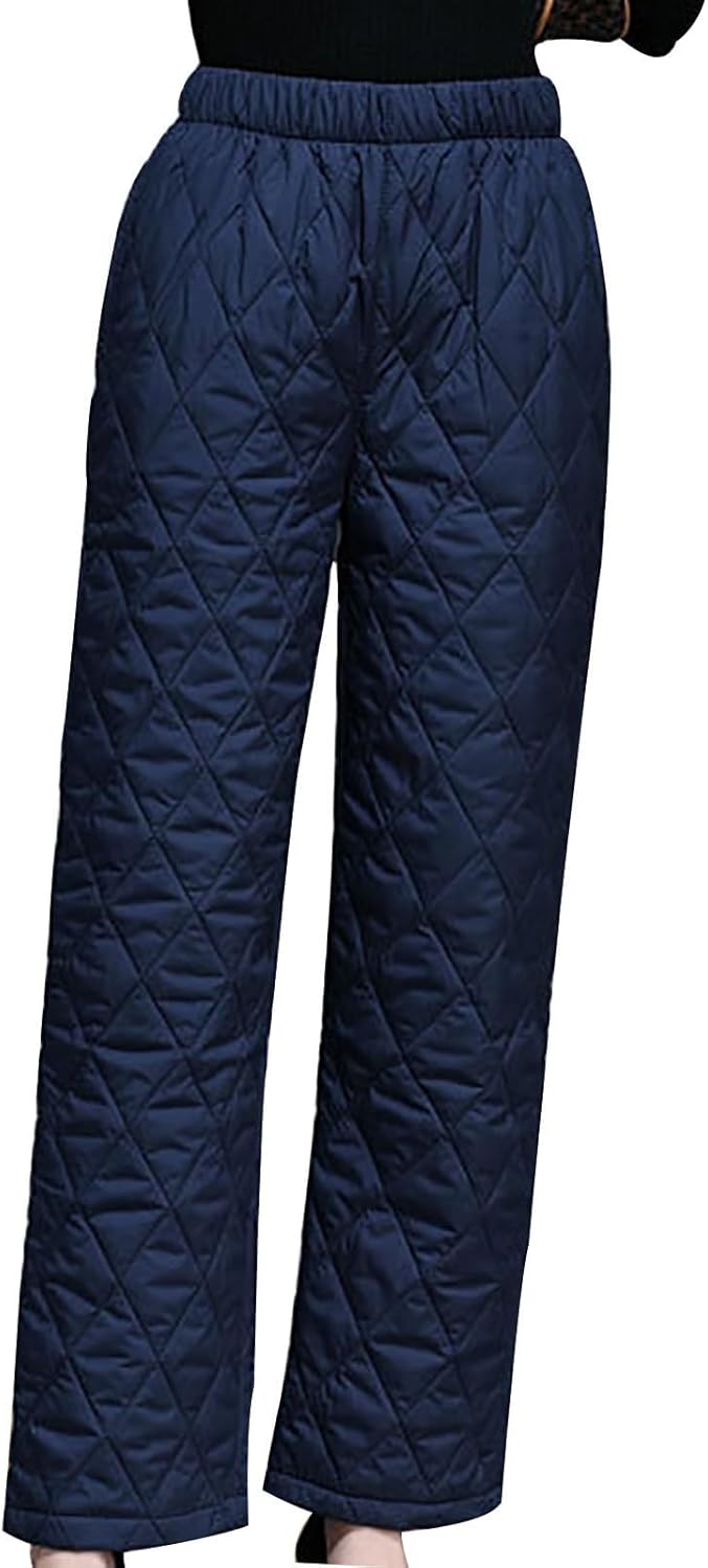 Women's Padded Quilted Down Pants, Elastic High Waisted Trousers Winter Warm Windproof Ski Snow Pants with Pockets