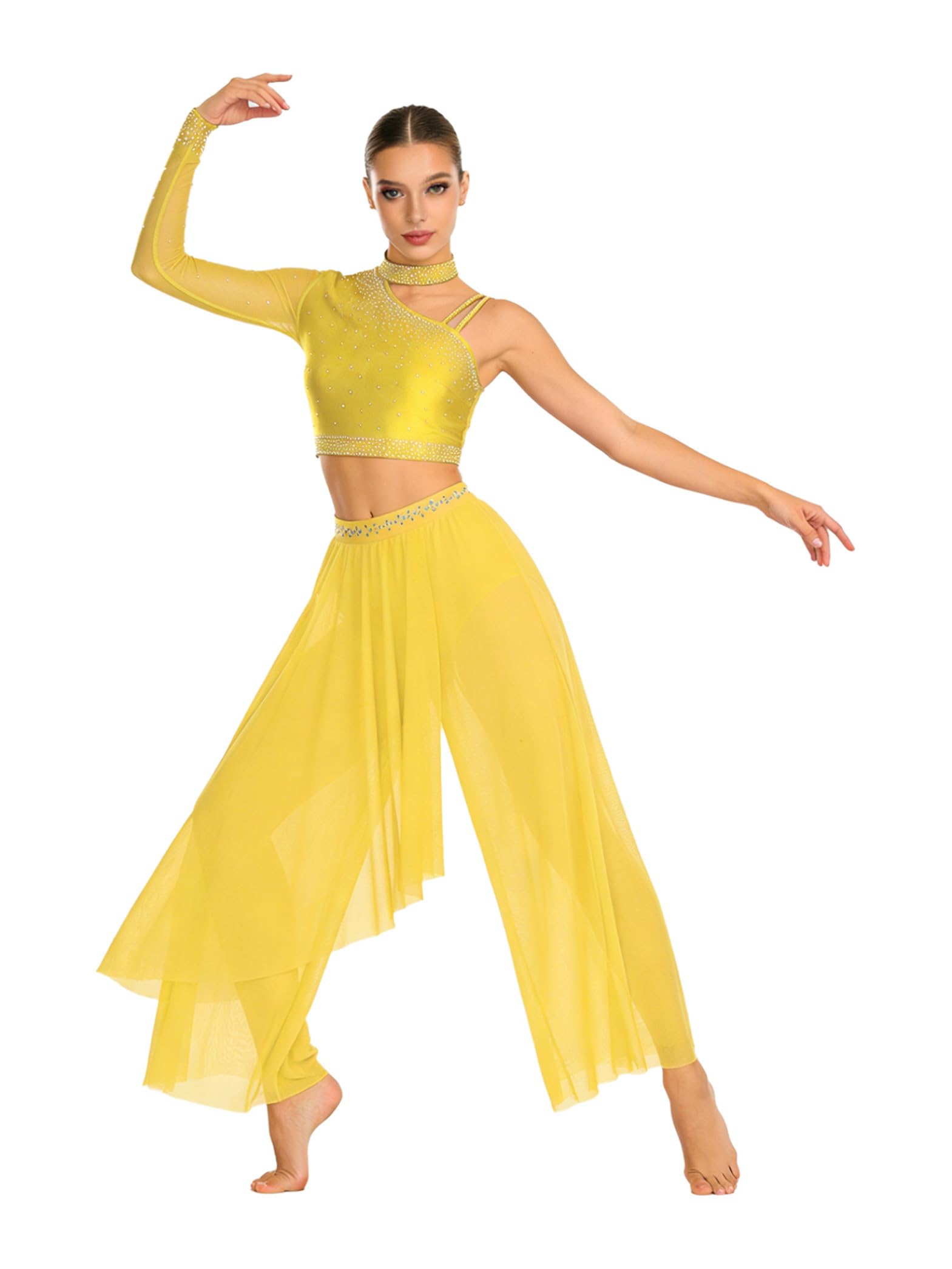 Tenue Danse Lyrique pour Femmes Scintillante Crop Tops Manches Longues avec Collant Danse Tenue Contemporaine Moderne