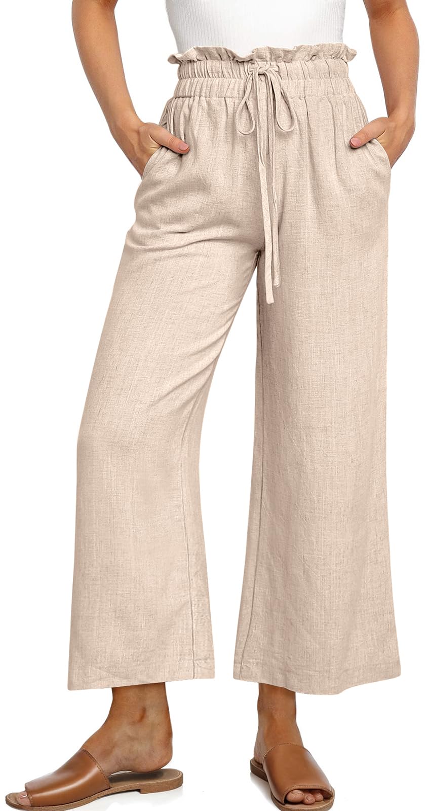 UEU Womens Linen Capris Wide Leg Ruffle High Waisted Pants Casual Drawstring Summer Loose Capri Pants with Pockets
