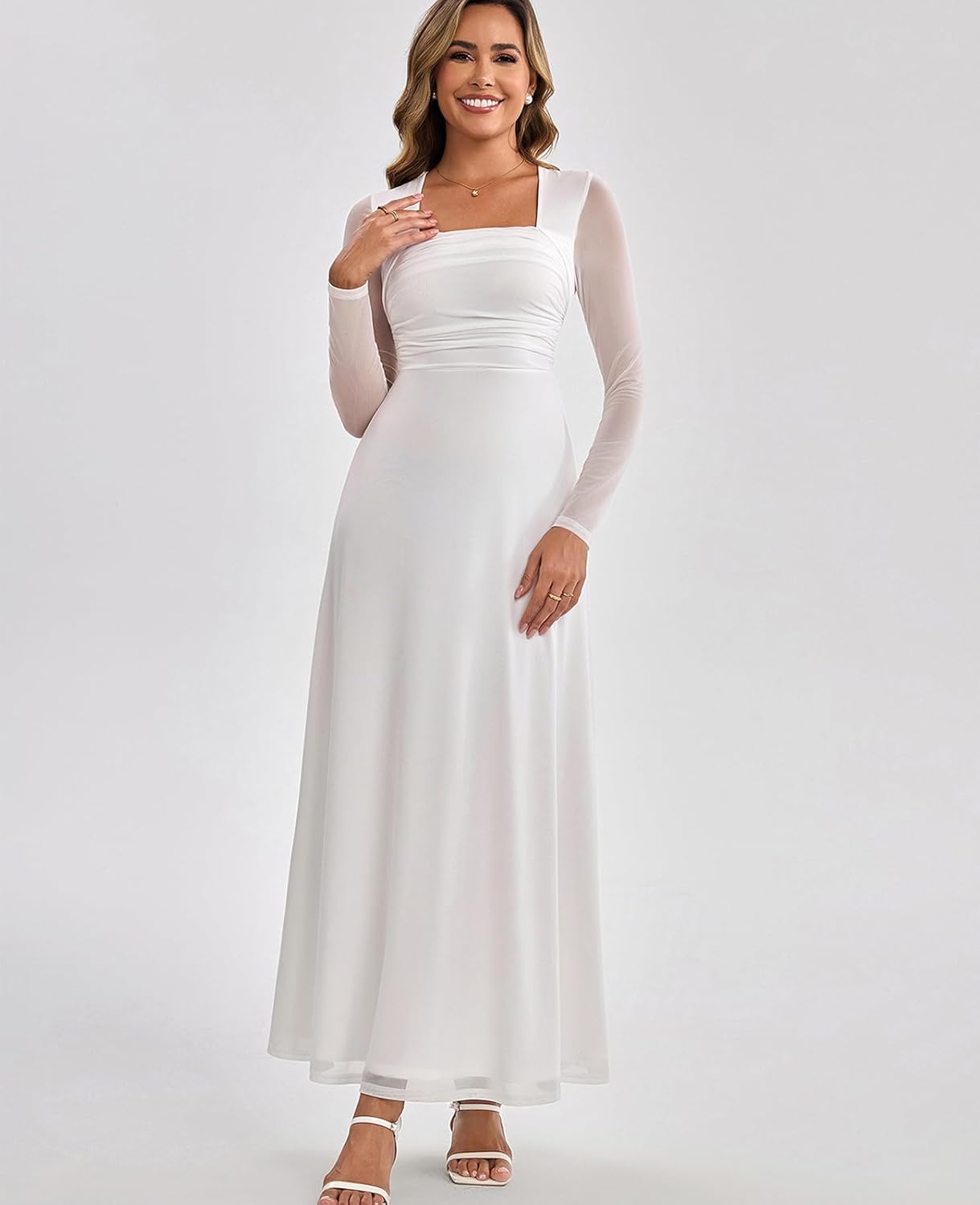 GLNEGE Fall Long Sleeve Wedding Guest Maxi Long Dress Mesh A-Line Flowy Square Neck Ruched Cocktail Dresses for Women - Image 2