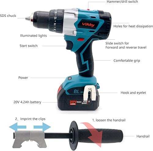 Miniatura 2 de Vikky Martillotaladroaccionamiento inalámbrico de 20 V ofrece 3 variaciones de velocidad, alimentado por motor sin escobillas y broca mantenida en