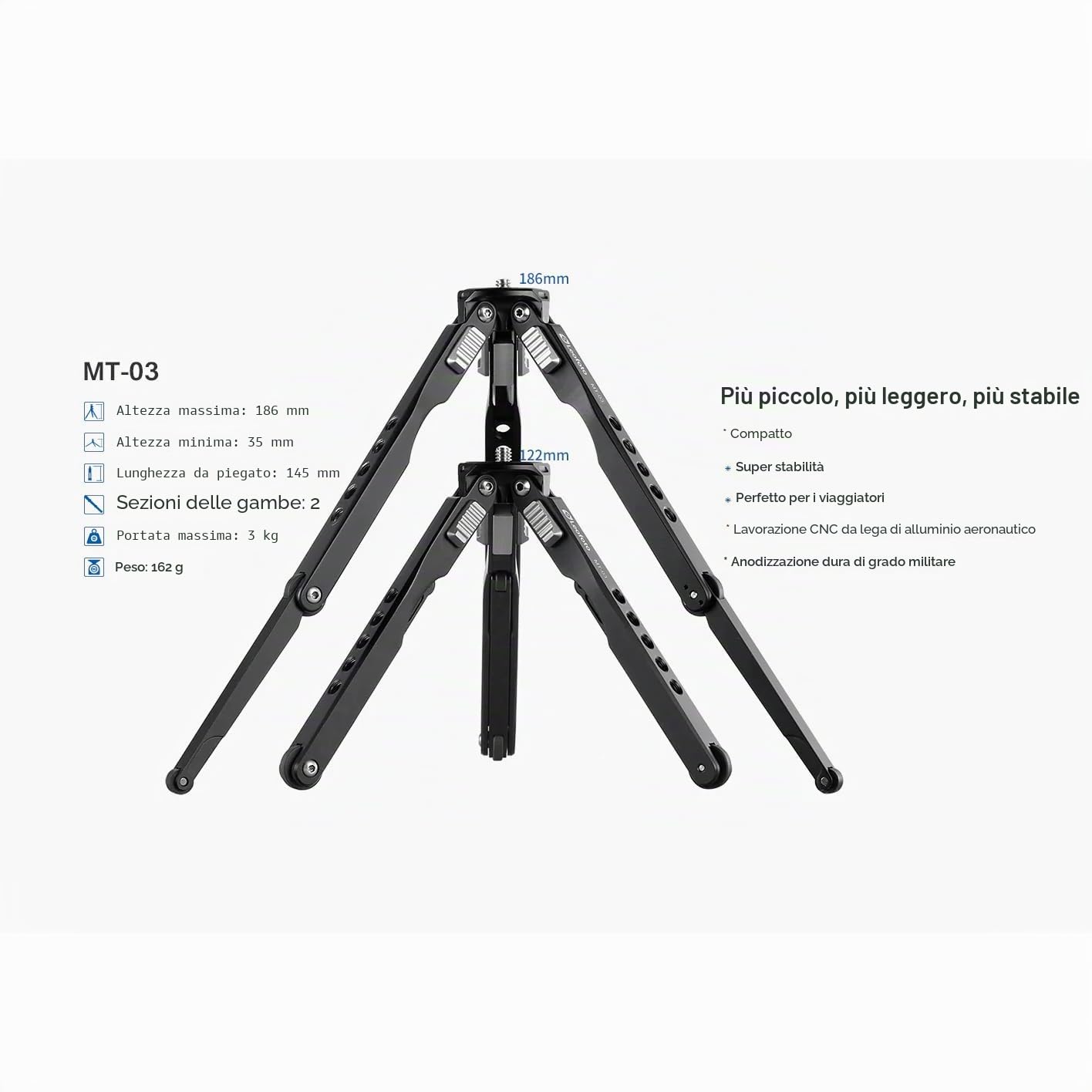 Leofoto - Mini treppiede tascabile - Ideale per un fotografo di viaggio - Capacità di carico di 3kg - Piedini estensibili - Altezza minima da 3,5 cm ad un'altezza massima di 18,5 cm - MT-03