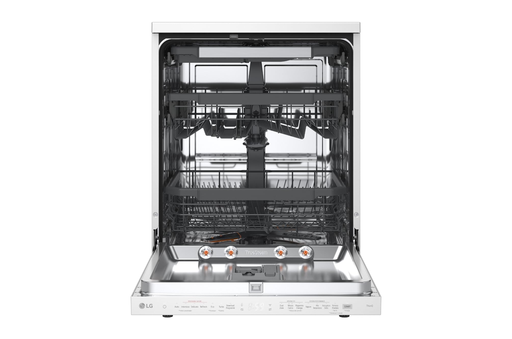 LG DF375HWS Lavastoviglie Libera Installazione Classe A, 14 Coperti, Lavaggio a Vapore TrueSteam, LED Esterno, Sistema QuadWash con 4 Bracci Irroratori, Serie 5, Auto-Apertura, 43dB, Wi-Fi, Bianco