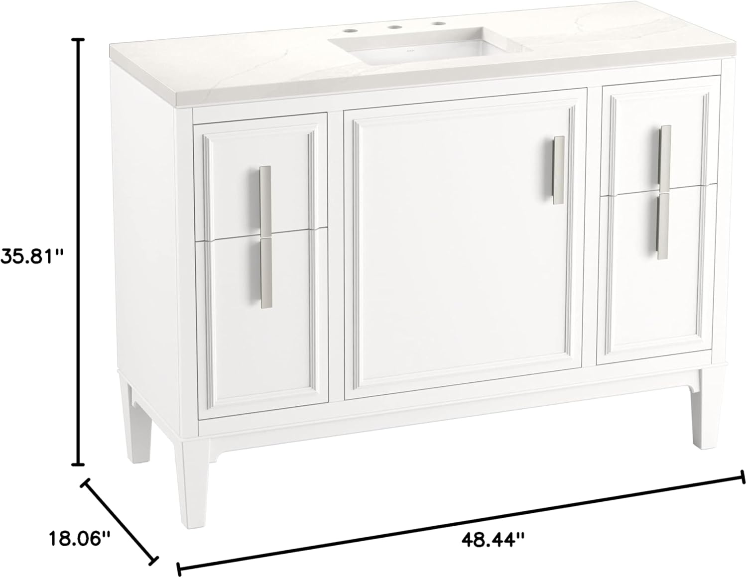 Kohler Southerk 48 Inch Bathroom Vanity Cabinet with White Single Sink and Quartz Top, Modern Bathroom Vanity, White, K-33546-ASB-0