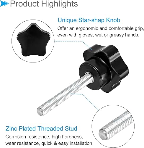 Miniatura 4 de Perillas de sujeción de estrella, rosca macho M6 x 1.181 in, cabeza de 1.260 in, mango de tornillo de pulgar de plástico, perno roscado negro